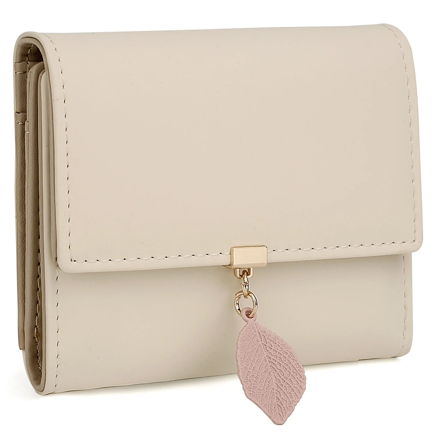 Small Wallet for Women PU Leather RFID Blocking Card Holder Zipper Coin Purse with Leaf Pendant(Khaki)