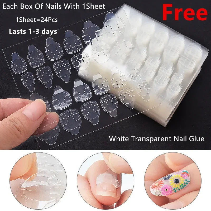 24Pcs Full Cover Transparent White French Press on Nails with Glue Sticker Artificial False